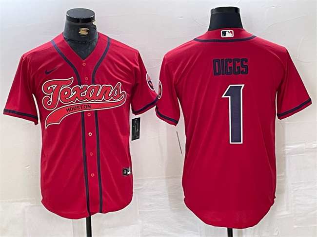 Men's Houston Texans #1 Stefon Diggs Red With Patch Cool Base Stitched Baseball Jersey